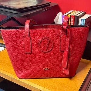 Valentino Red Embossed Leather Tote with Tassel Charm